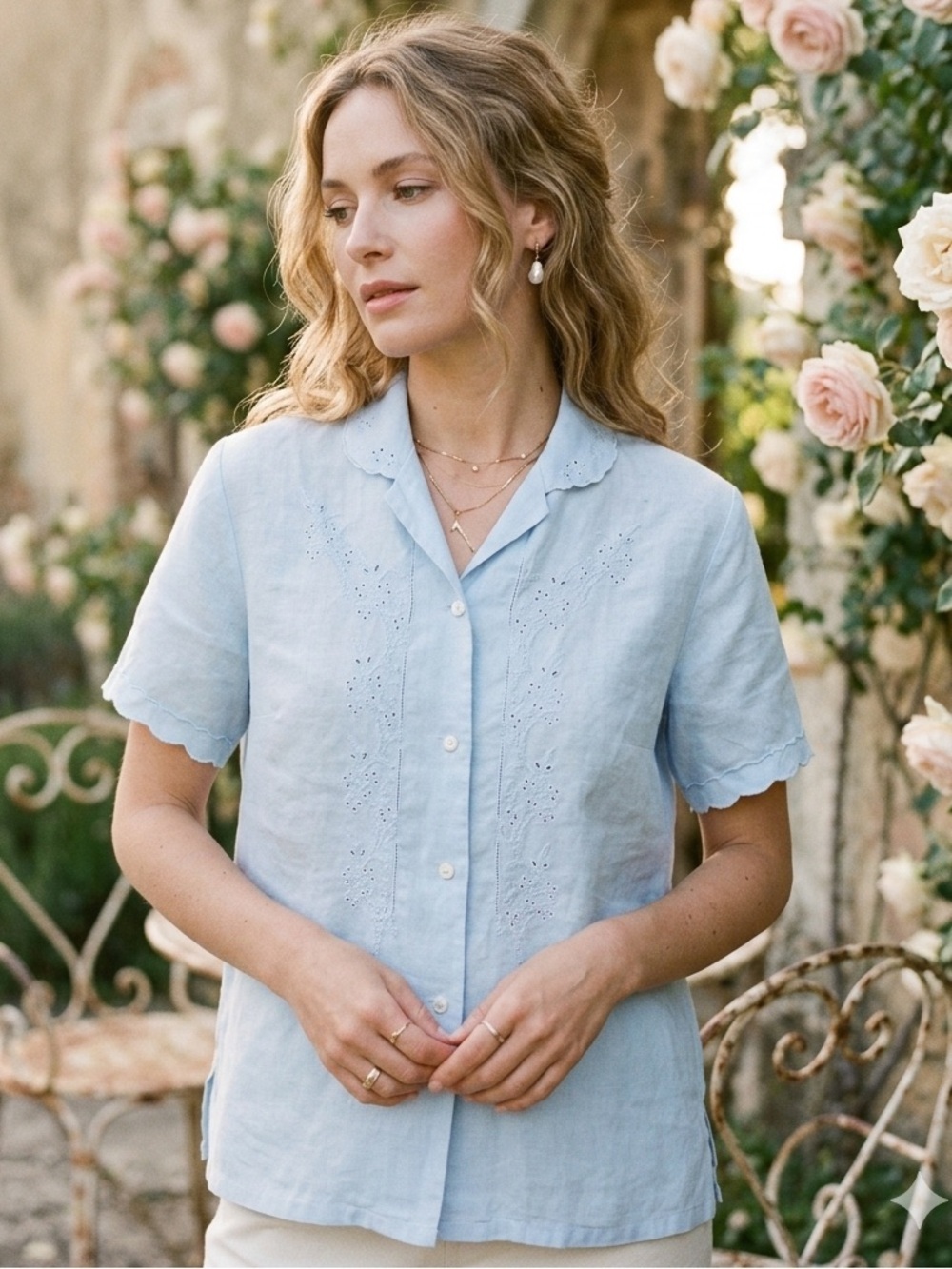 Vintage Carla Blouse 100% Linen Hand Embroidered Scalloped Top Size 40 / Medium